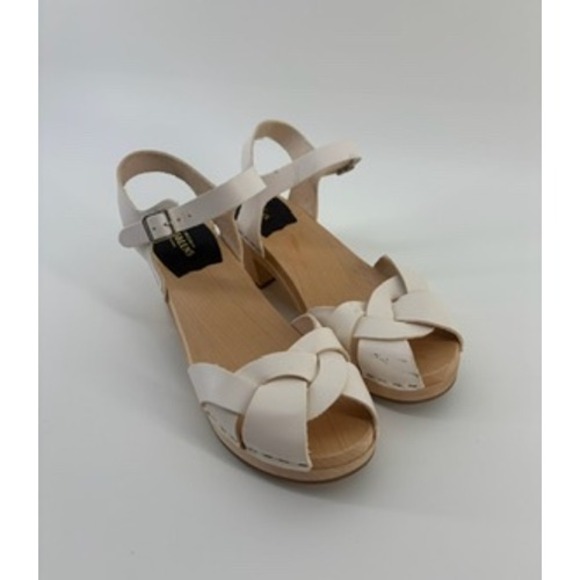 Swedish Hasbeens Shoes - Swedish Hasbeens Braided Sky High White Leather Wood Clog Sandals Womens 39